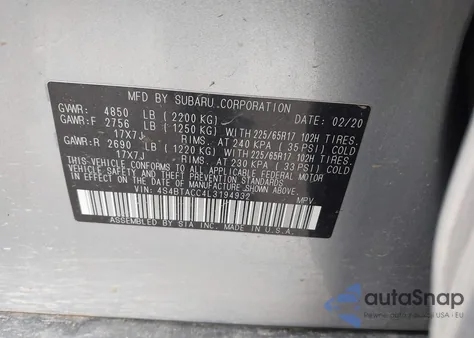 2020 Subaru Outback Premium из США, поврежденный, VIN 4S4BTACC4L3194932